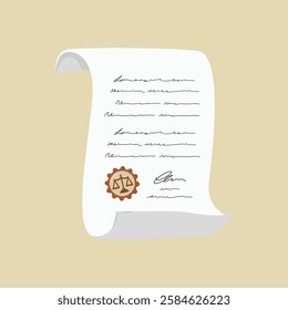 Illustration of a legal document with a seal and signature. The document features a justice scale emblem. Legal document and seal in a simple design. Aesthetic vector illustration.