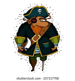 Illustration, legless and eyeless pirate with a knife standing on a white background.