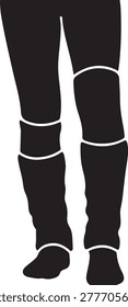 Illustration of legs wearing black knee-high socks with white trim and dark shoes from behind.
