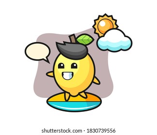 Illustration of lemon cartoon do surfing on the beach