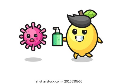 illustration of lemon character chasing evil virus with hand sanitizer , cute style design for t shirt, sticker, logo element