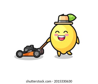 ilustración del personaje de limón con cortadora de césped , diseño de estilo lindo para camiseta, pegatina, elemento logotipo