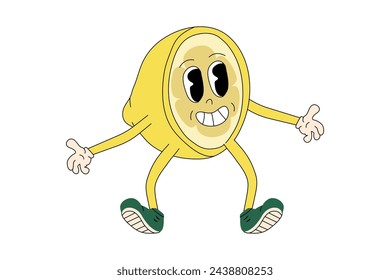  illustration of a lemon character. Vector retro illustration with cartoon groovy fruit icon isolated.