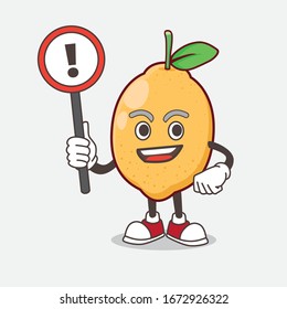 An illustration of Lemon Fruit cartoon mascot character rise up a warning sign
