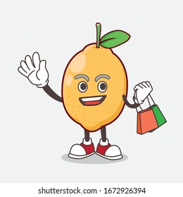 An illustration of Lemon Fruit cartoon mascot character waving and holding Shopping bags