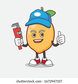 An illustration of Lemon Fruit cartoon mascot character as happy plumber