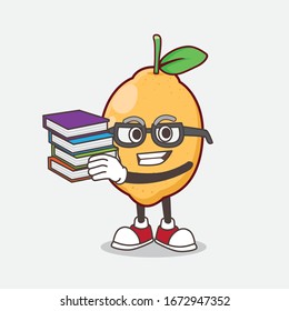 An illustration of Lemon Fruit cartoon mascot character studying with some books