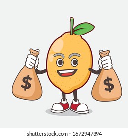 An illustration of Lemon Fruit cartoon mascot character holding money bags