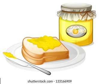 Illustration of a lemon jam with bread on a white background