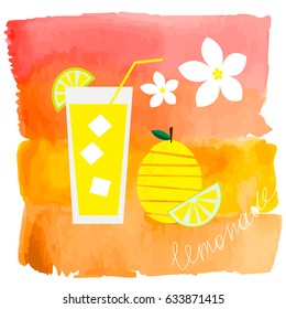 Illustration with lemon and lemonade in a glass