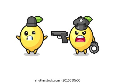 ilustración de ladrón de limón con las manos arriba pillada por la policía, diseño de estilo lindo para camiseta, pegatina, elemento logo