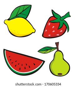 Illustration of lemon, strawberry, watermelon and pear