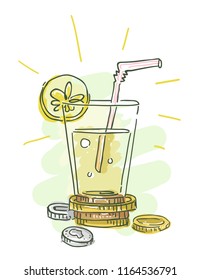 Illustration of a Lemonade Drink with Straw on Top of Coins. Lemonade Stand Concept