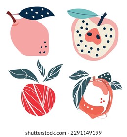 Illustration of lemon,apple,peach for your food designs.In a decorative manner with muted fashion colors.Season