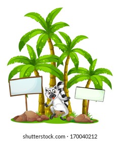 Illustration of a lemur in the middle of the empty signboards in front of the palm trees on a white background