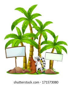 Illustration of a lemur and a sealion in the middle of the empty boards on a white background