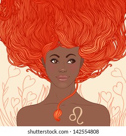 Illustration of Leo astrological sign as a beautiful African American girl. Zodiac vector illustration isolated on white. Future telling, horoscope, alchemy, spirituality, fashion black woman.