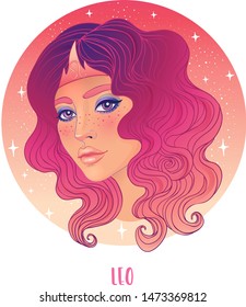 Illustration of Leo astrological sign as a beautiful girl. Zodiac vector illustration isolated on white. Future telling, horoscope, alchemy, spirituality, occultism, fashion woman.