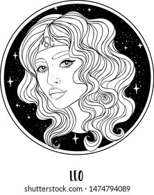 Illustration of Leo astrological sign as a beautiful girl. Zodiac vector drawing isolated in black and white. Future telling, horoscope, alchemy, spirituality. Coloring book for adults.