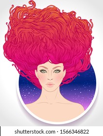 Illustration of Leo astrological sign as a beautiful girl. Zodiac vector illustration isolated on white. Future telling, horoscope, alchemy, spirituality, occultism, fashion woman.