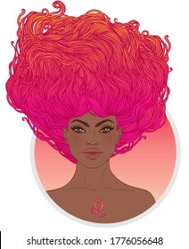 Illustration of Leo astrological sign as a beautiful African American girl. Zodiac vector illustration isolated on white. Future telling, horoscope, alchemy, spirituality, fashion black woman.