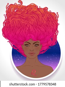 Illustration of Leo astrological sign as a beautiful African American girl. Zodiac vector illustration isolated on white. Future telling, horoscope, alchemy, spirituality, fashion black woman.