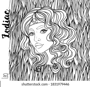 Illustration of Leo astrological sign as a beautiful girl. Zodiac vector drawing isolated in black and white. Future telling, horoscope, alchemy, spirituality. Coloring book for adults.