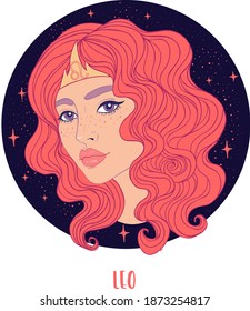 Illustration of Leo astrological sign as a beautiful girl. Zodiac vector illustration isolated on white. Future telling, horoscope, alchemy, spirituality, occultism, fashion woman.