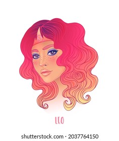 Illustration of Leo astrological sign as a beautiful girl. Zodiac vector illustration isolated on white. Future telling, horoscope, alchemy, spirituality, occultism, fashion woman.