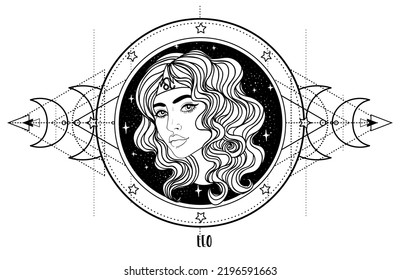 Illustration of Leo astrological sign as a beautiful girl over sacred geometry frame. Zodiac vector drawing isolated in black and white. Future telling, horoscope, spirituality. Coloring book.