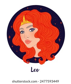 Illustration of Leo astrological sign as a beautiful girl. Zodiac vector illustration isolated on white. Future telling, horoscope