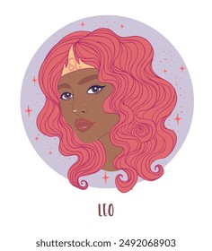 Illustration of Leo astrological sign as a beautiful African American girl. Zodiac vector illustration isolated on white. Future telling, horoscope, fashion black woman.