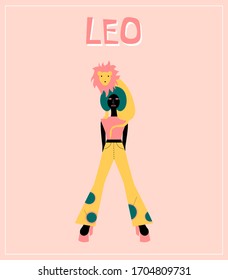 Illustration with Leo - astrological zodiac sign. Abstract print with The Lion.