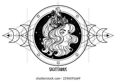 Illustration of Leo astrology sign as a beautiful girl over sacred geometry frame. Zodiac vector drawing isolated in black and white. Future telling, horoscope, spirituality. Coloring book.