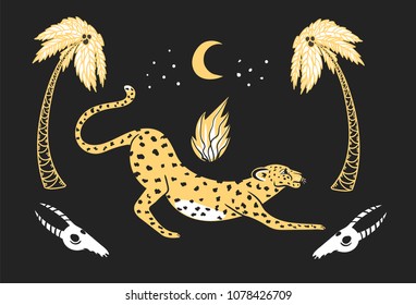 illustration of a leopard among palm trees, fire and skulls