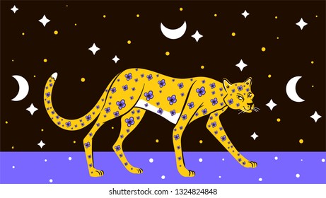 illustration of a leopard among the starry sky in flowers