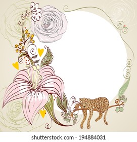 illustration of a leopard and blooming summer flowers