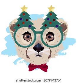 Illustration of a leopard in Christmas glasses with Christmas trees.