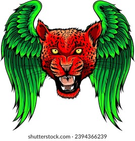illustration leopard head with wings on white background