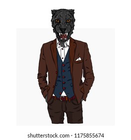 Illustration of leopard  hipster dressed up in jacket, pants and sweater. Vector illustration