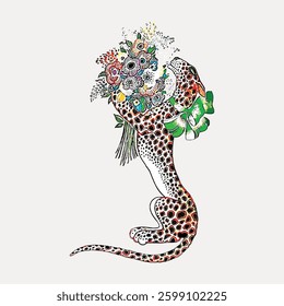 Illustration of a leopard holding a colorful bouquet of flowers. The leopard's spots contrast with the vibrant flowers, creating a lively, artistic design. Vintage animal illustration vector.