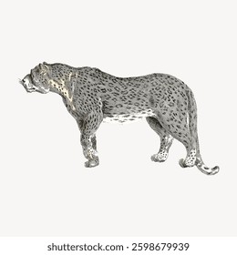 Illustration of a leopard in profile. Detailed leopard fur pattern. Leopard standing, showcasing its spotted coat. Artistic leopard depiction on a plain background. Vintage vector illustration.