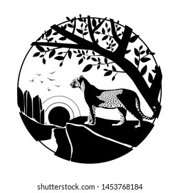 Illustration of a leopard in a savanna under a tree. Rocky mountain landscape and clouds. Graphic vector illustration. Tattoo, travel, adventure, symbol of wildlife. Natural open spaces. Ecology.