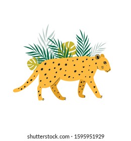 Illustration of a leopard with tropical leaves. Vector drawing in flat style. Animal print.