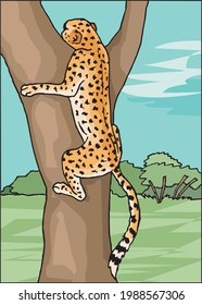 illustration of a leopard trying to climb on tree