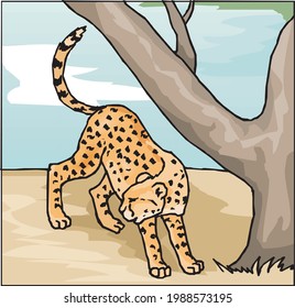 illustration of a leopard under a tree