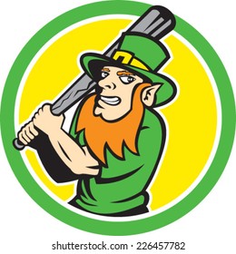 Illustration of a leprechaun baseball player batter hitter batting set inside circle on isolated background done in retro style. 