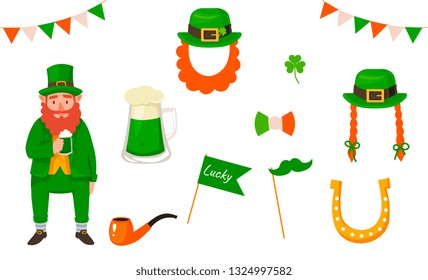 illustration of Leprechaun with beer mug wishing saint patrick's day