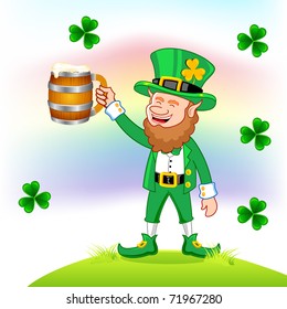 illustration of Leprechaun with beer mug wishing saint patrick's day