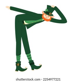 illustration of a leprechaun in a green suit and hat with long arms and legs, cartoon, flat style